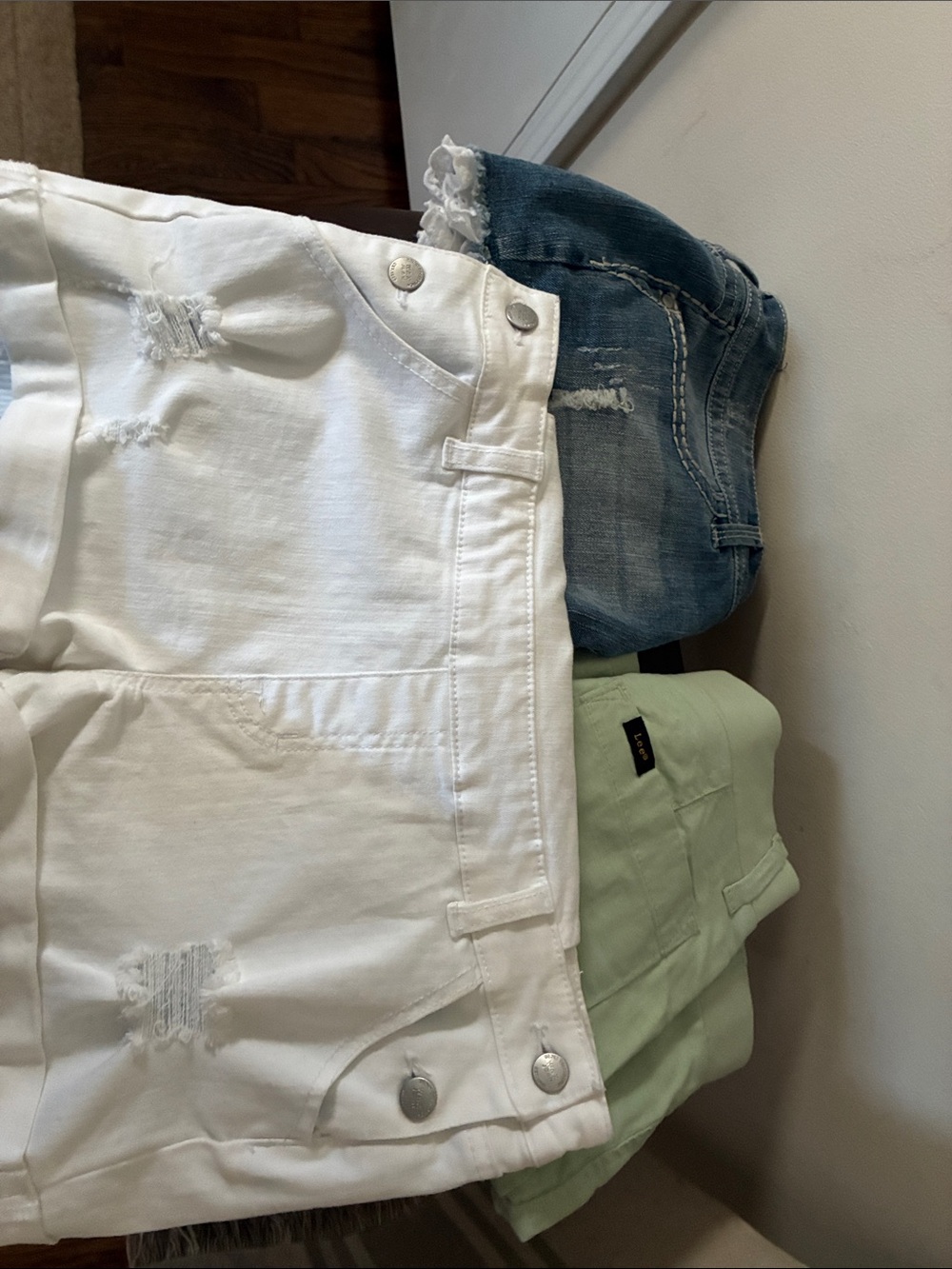 Lee White Denim Shorts with Blue and Mint Accents
